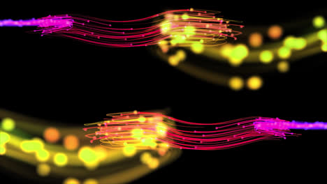 Futuristische-Digitale-Fliegende-Wellenpartikel-Fließen,-Bewegende-Animation,-Glühende,-Schnelle-Spuren,-Sich-Bewegende-Ströme-Von-Lichtstreifen-Auf-Schwarzem-Hintergrund